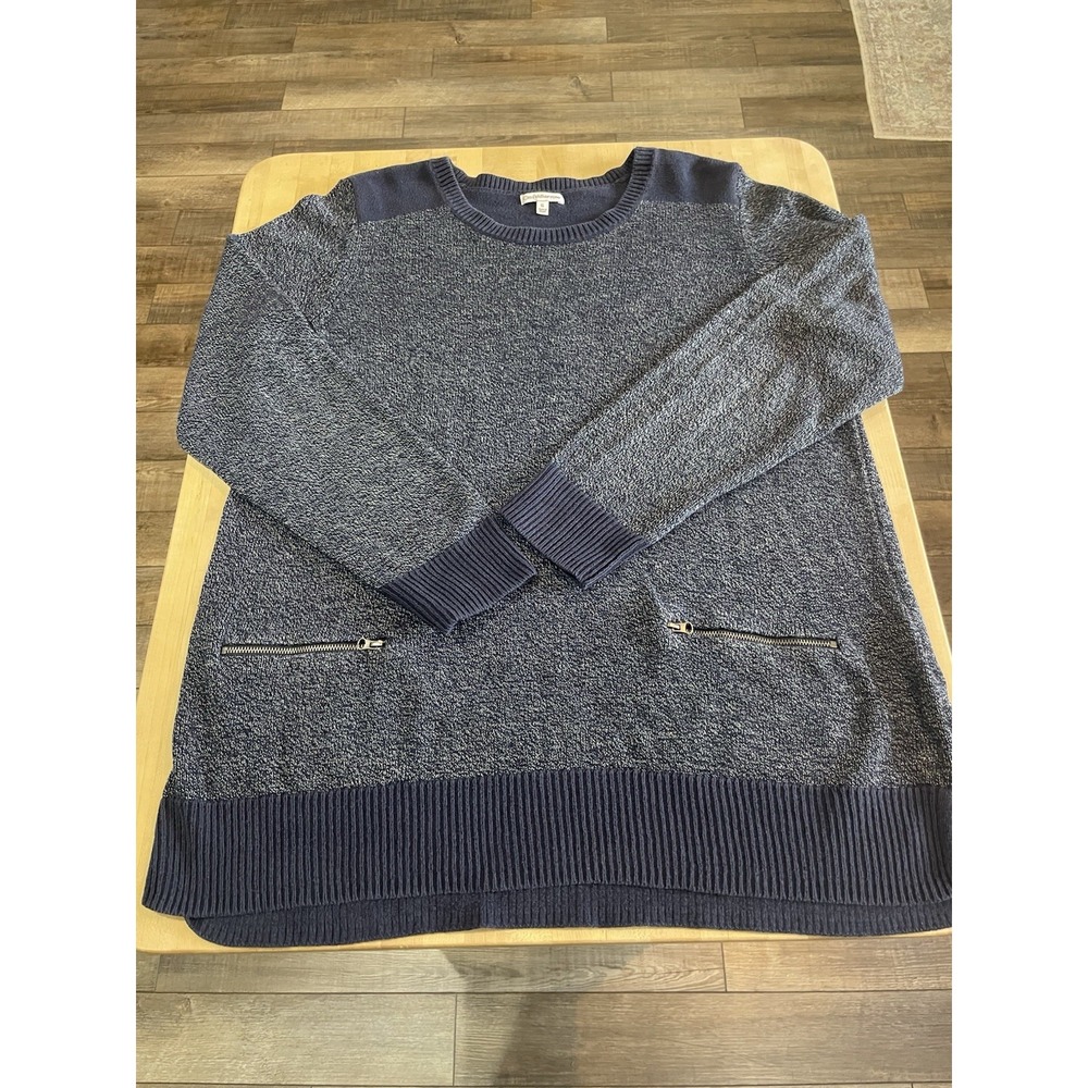 Croft Barrow Navy Blue Two Tone Sweater Tunic Rib Trim Sz L 2 Zip Pockets Cotton